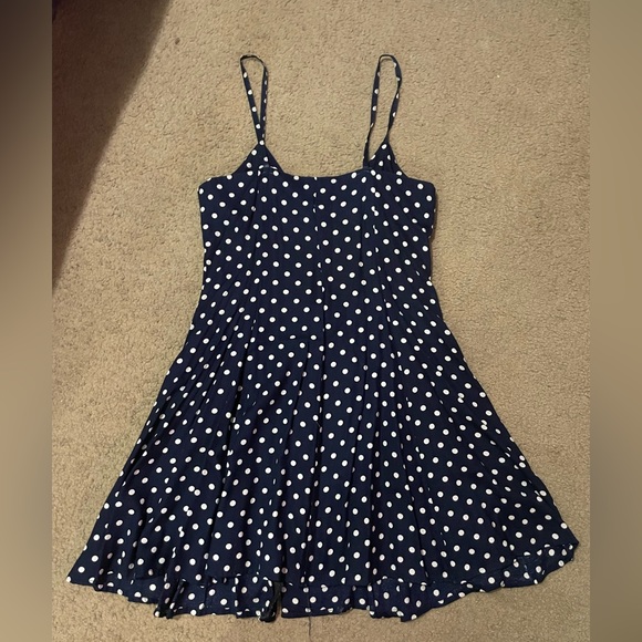 90s vintage Moda Intl navy blue polkadot a line dress, size 8 - Picture 6 of 7